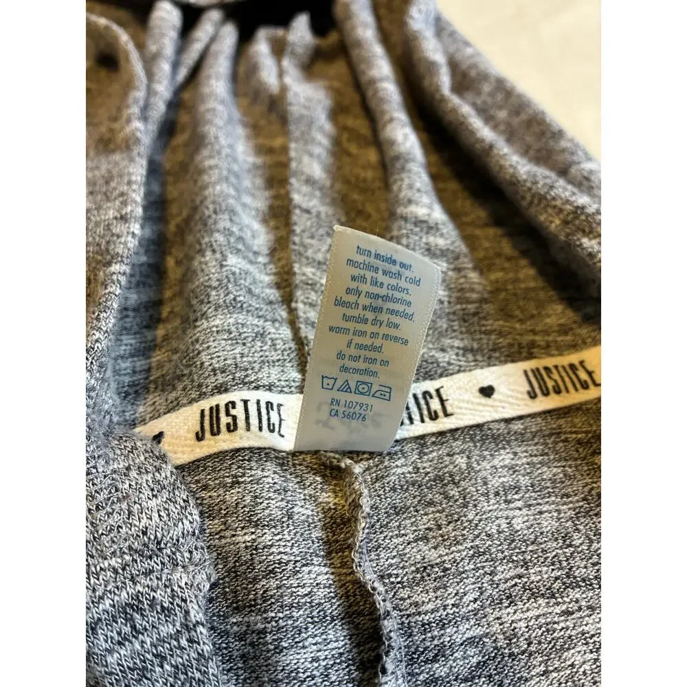 Justice Girls S 8 Gray Hooded Tunic Top Rainbow Logo Striped Sleeve Lightweight